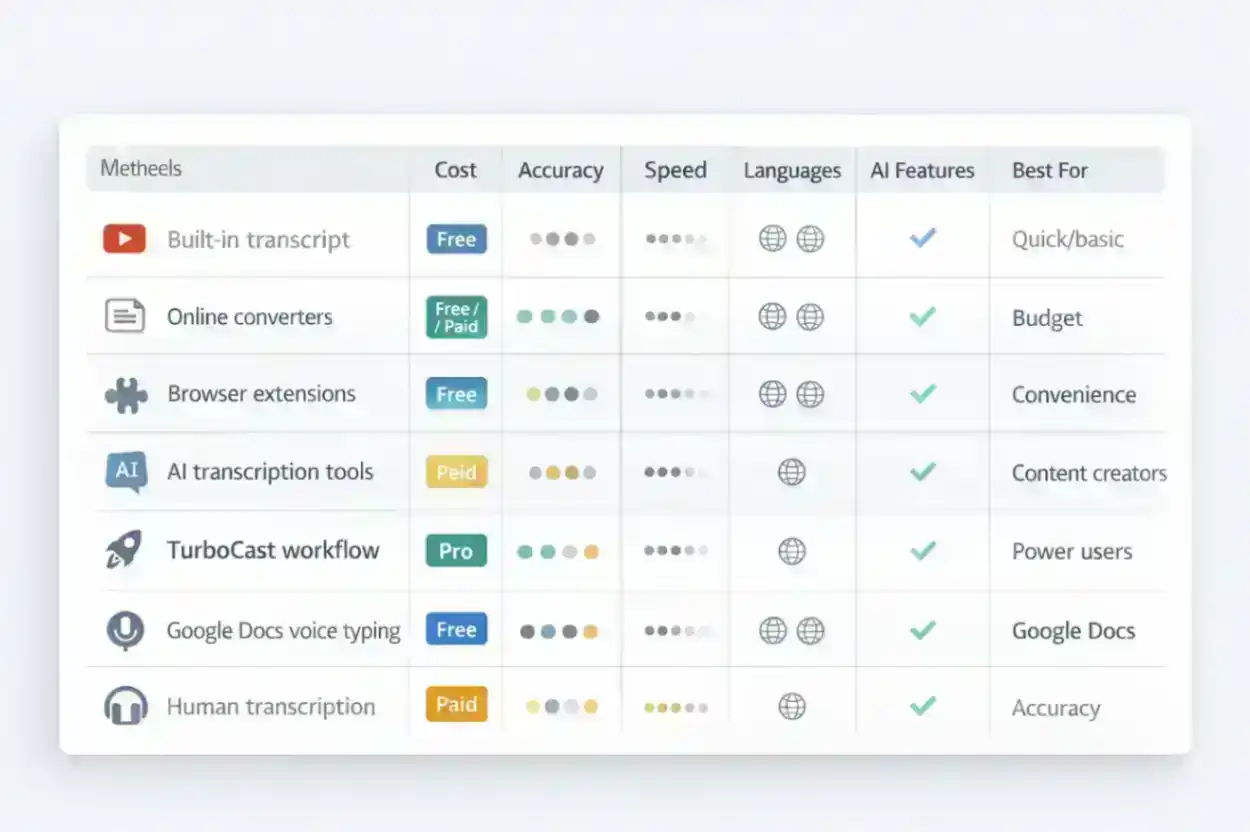 Comparaison de 7 methodes YouTube vers texte par cout, precision, vitesse, langues, fonctionnalites IA et meilleure utilisation