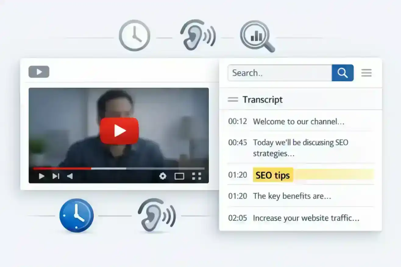 Pourquoi convertir des videos YouTube en texte — lecteur video avec panneau de transcription montrant les horodatages et le texte consultable