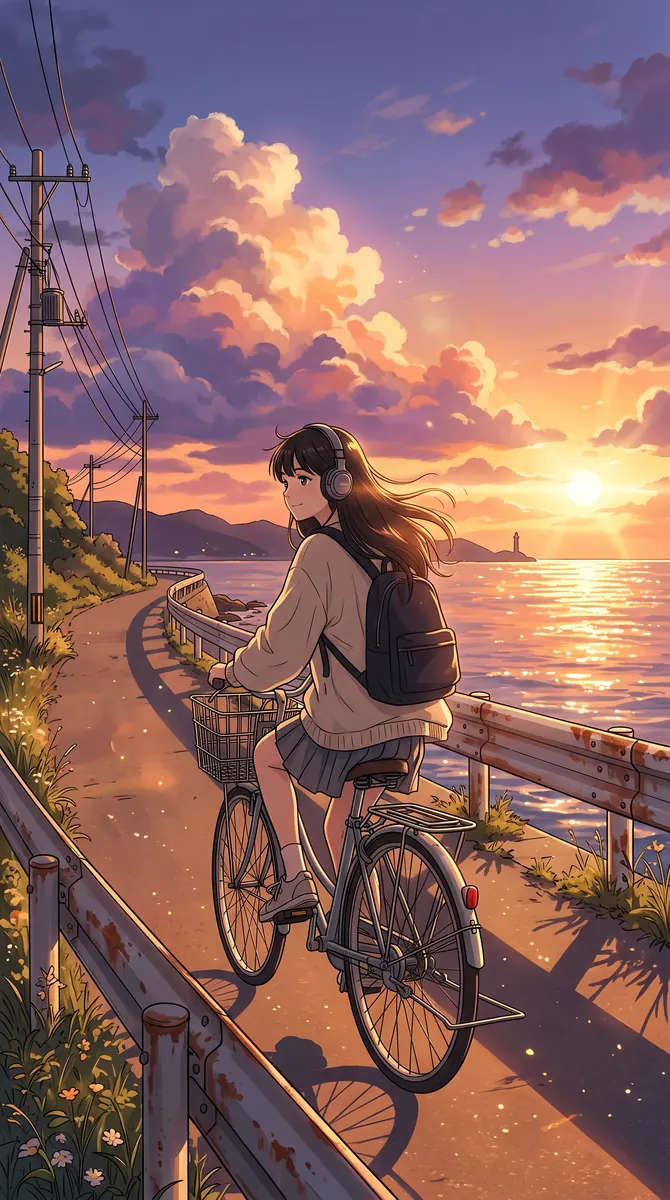 Illustrazione anime di una ragazza con le cuffie in bici lungo una strada sul mare all'ora d'oro