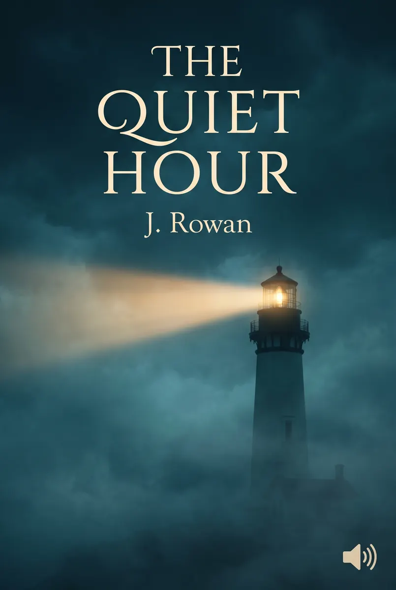 Copertina di audiolibro intitolata The Quiet Hour con il fascio di un faro nella nebbia, creata con un generatore di immagini AI