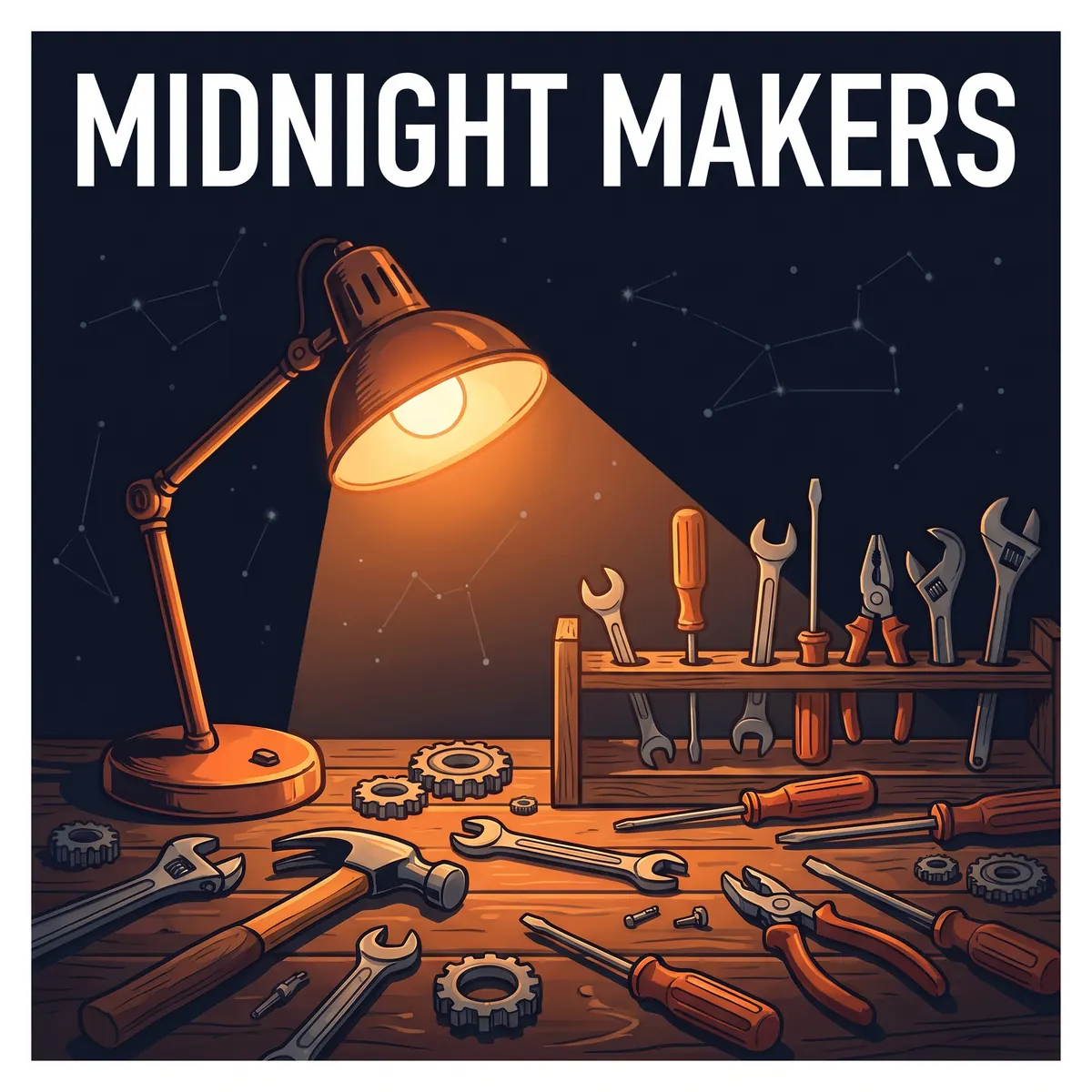 Esempio del generatore di immagini AI: copertina di podcast intitolata Midnight Makers con una lampada da scrivania che illumina un banco da lavoro pieno di attrezzi