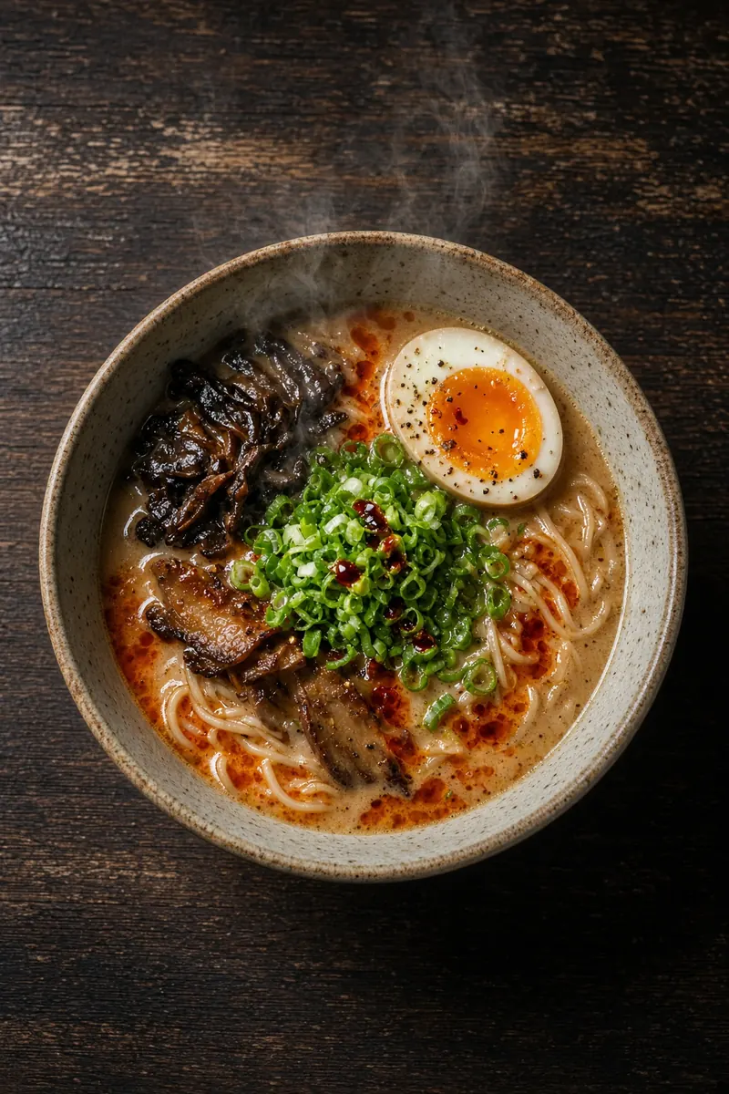 Foto dall'alto di una ciotola di ramen con uovo, cipollotto e olio al peperoncino su un tavolo di legno scuro