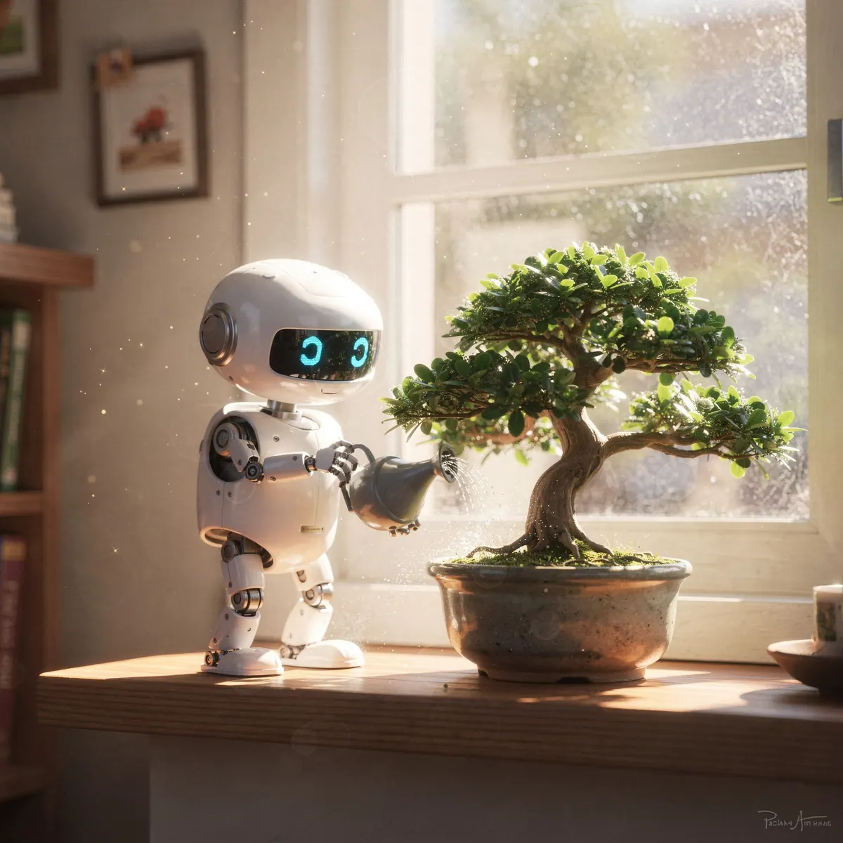 Fotogramma d'animazione 3D di un piccolo robot che innaffia un bonsai su un davanzale soleggiato