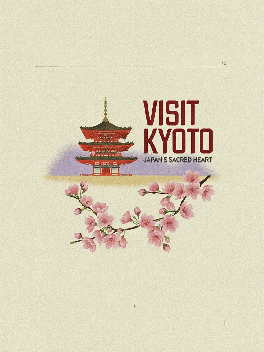 Poster di viaggio rétro art déco con la scritta Visit Kyoto, una pagoda rossa e ciliegi in fiore